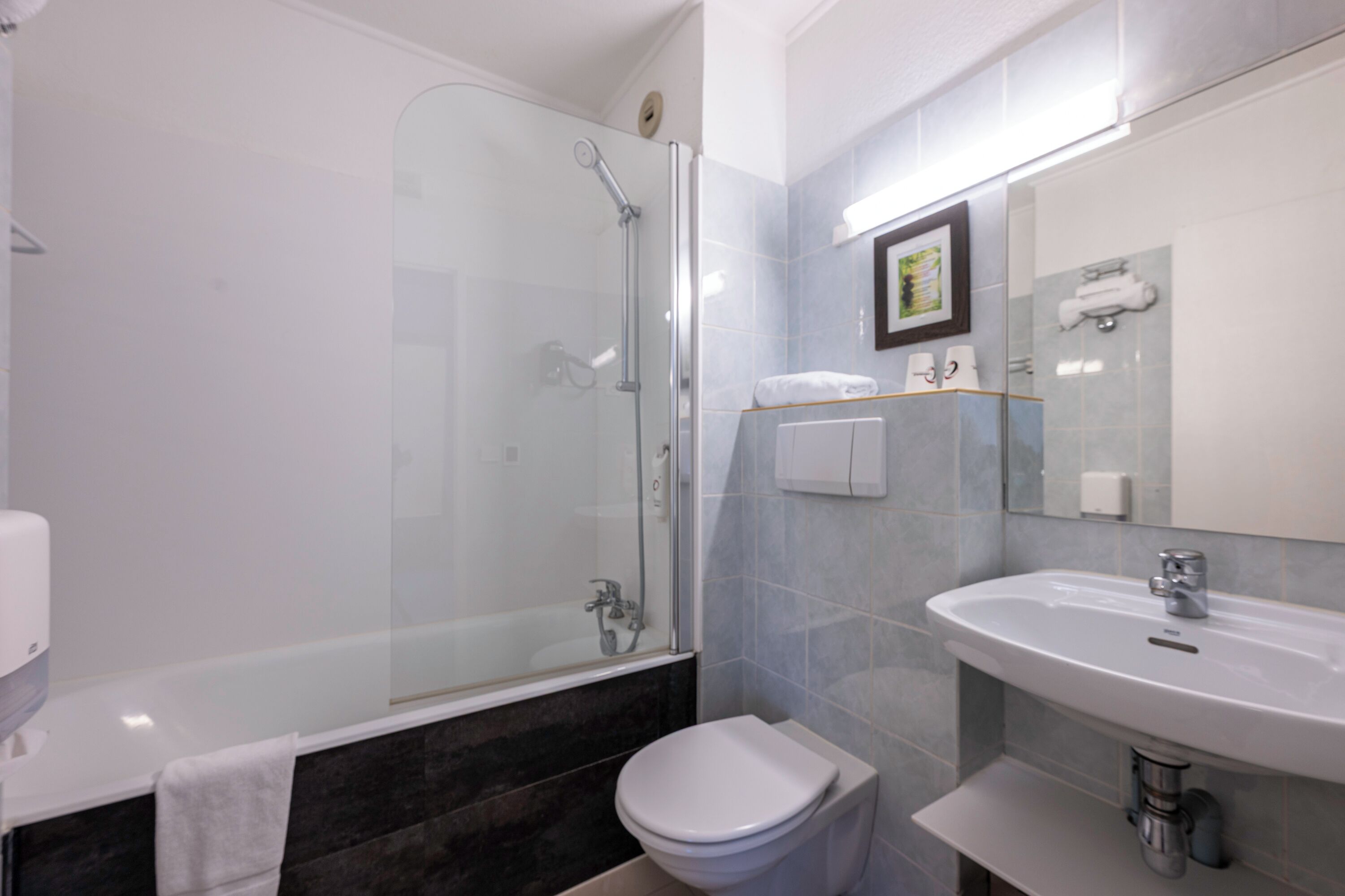 free toiletries, hair dryer, towels