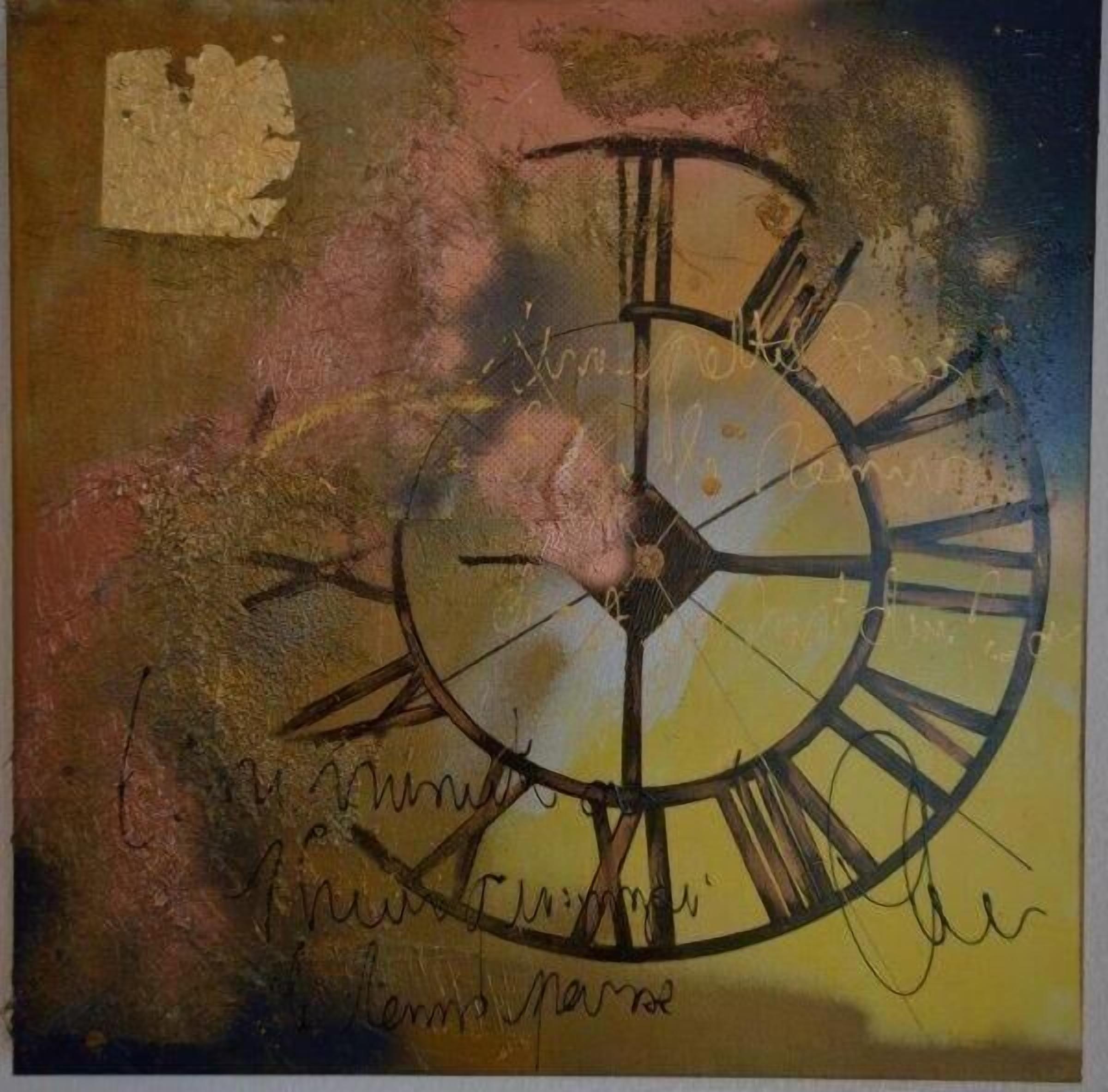 A painting with a clock-like design, abstract background, and signatures.