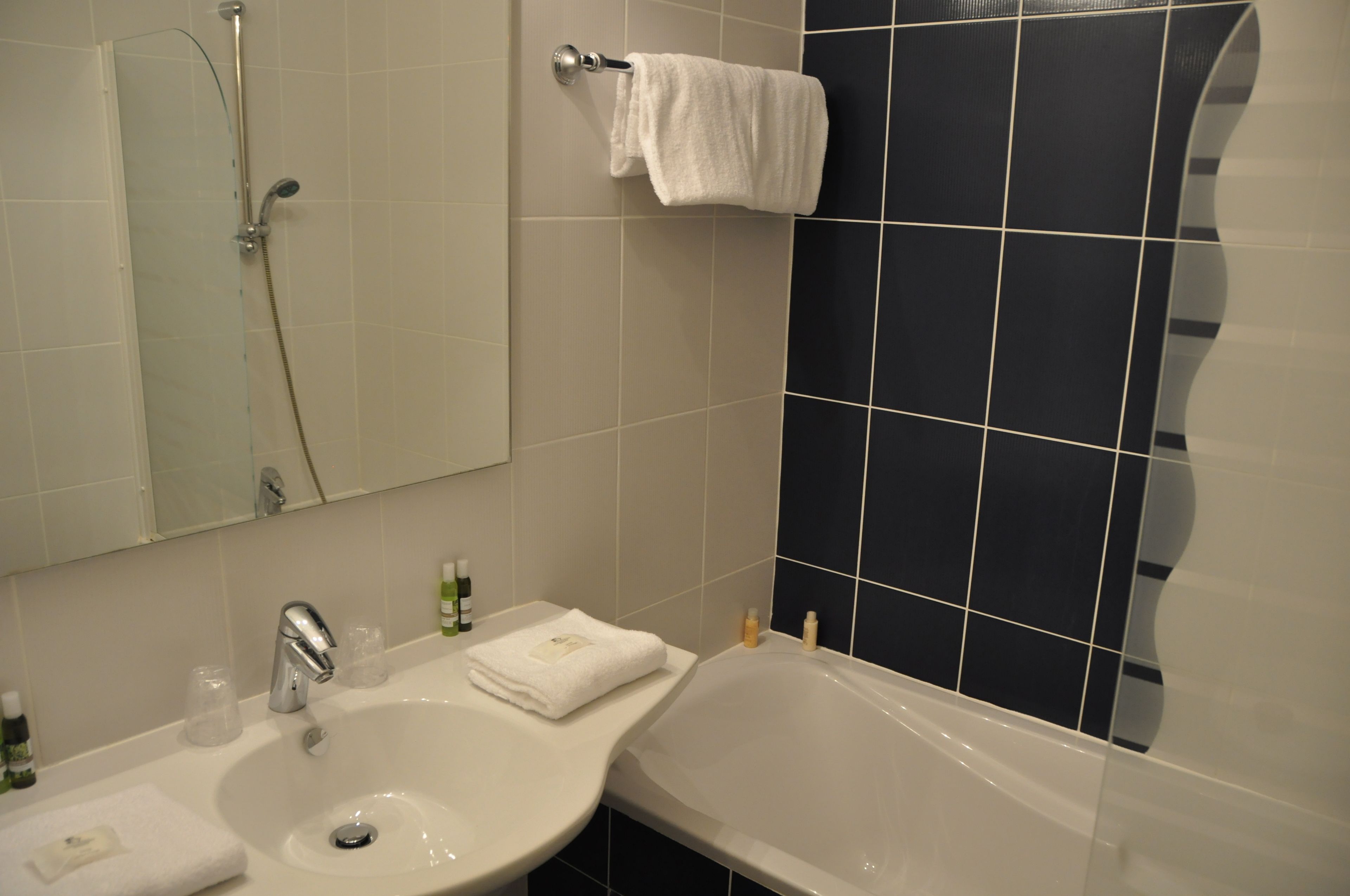 combined shower/bathtub, free toiletries, hair dryer, towels