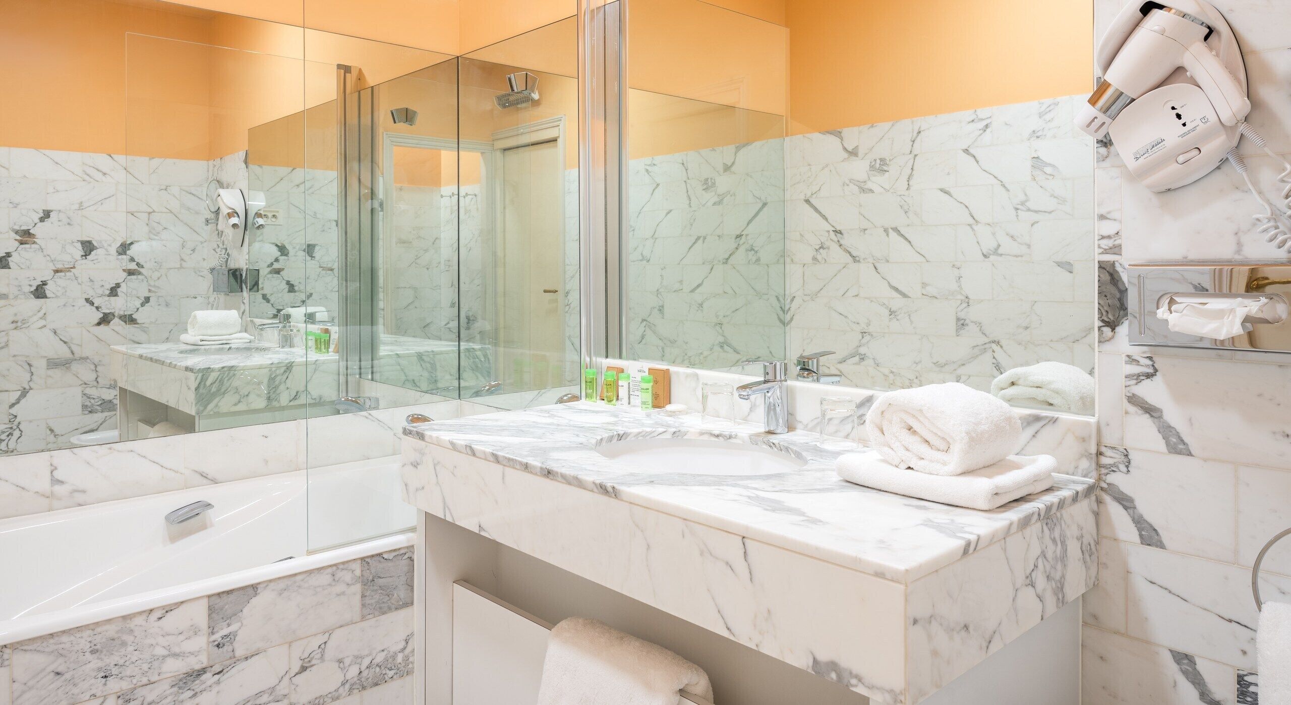 classic double room single use, private bathroom | bathroom | designer toiletries, hair dryer, slippers, bidet