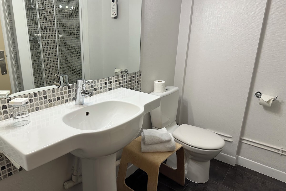 standard double room | bathroom | hair dryer, towels