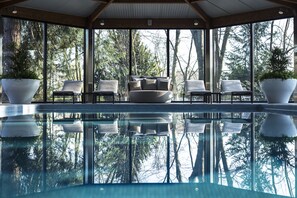 Un área de piscina interior moderna con paredes de vidrio transparente, un espacio de descanso con sillones acolchados y grandes macetas con plantas.