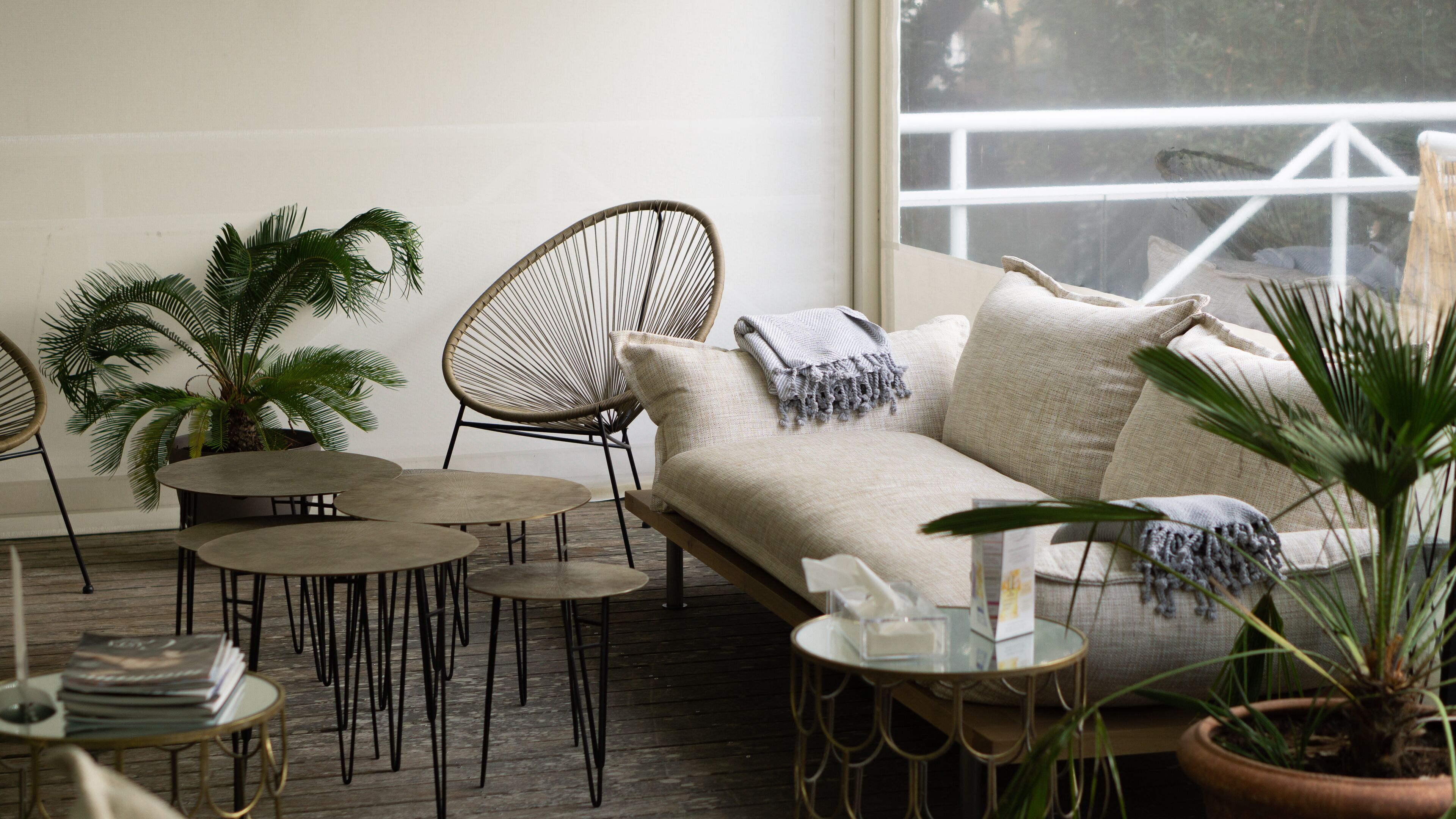 A cozy living area with a sofa, two chairs, a coffee table, and several potted plants.
