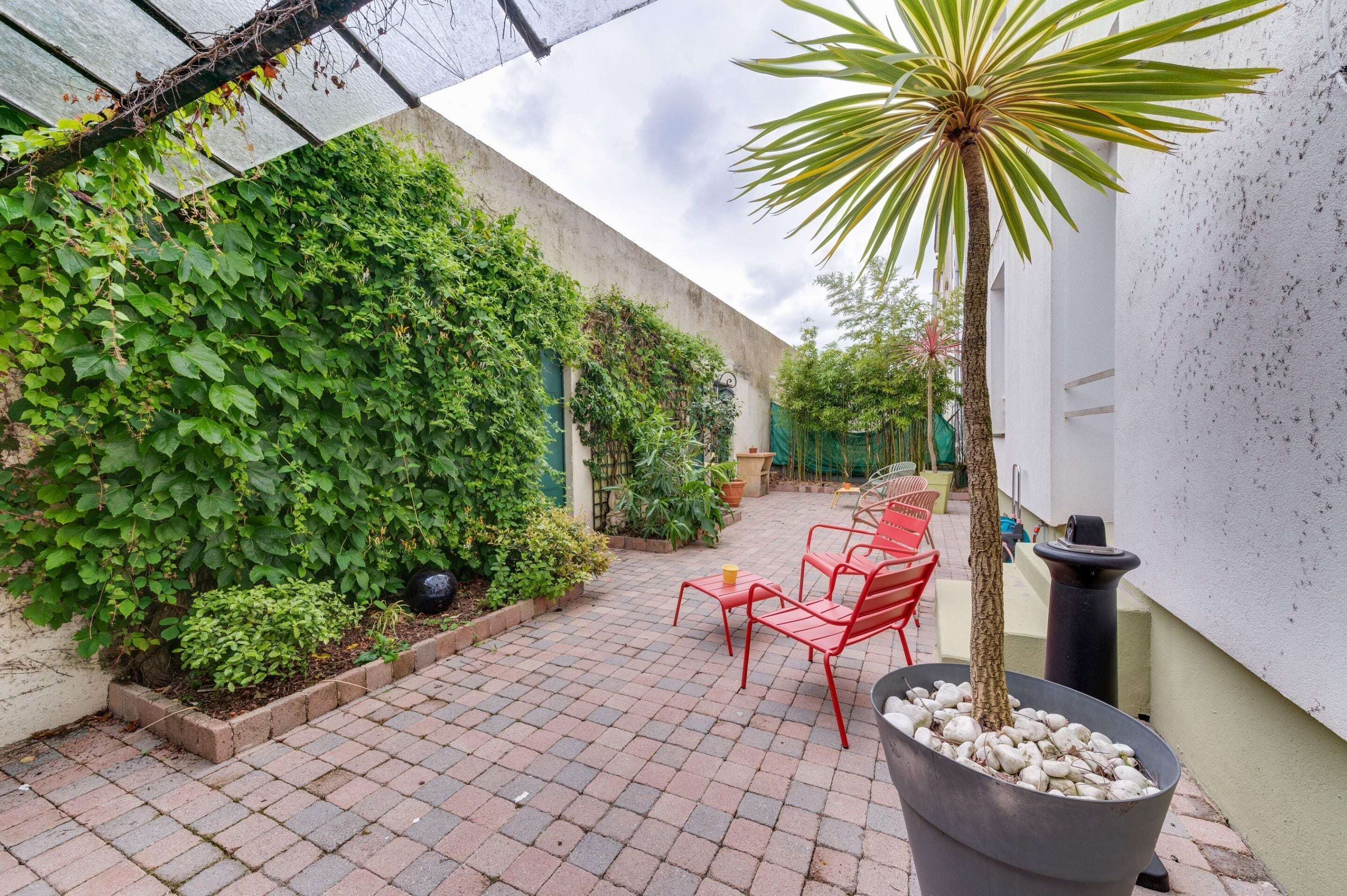 A paved patio with red chairs and a potted plant.