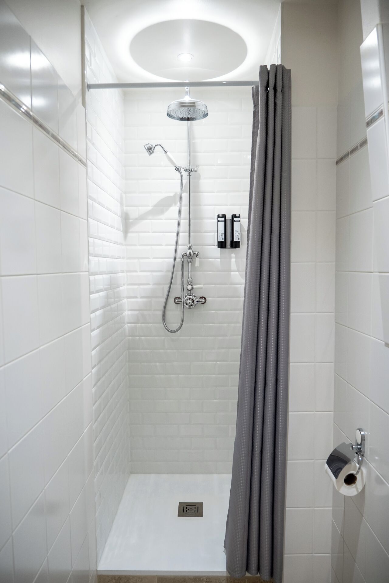 Eine moderne Dusche mit Duschbrause, Wandarmatur und Toilettenpapierhalter.