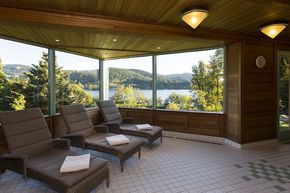 Indoor pool, open 9:00 AM to 7:00 PM, sun loungers