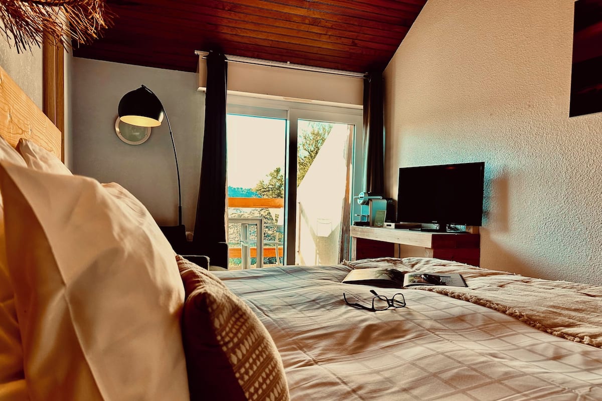 A bedroom with a bed, a TV on a stand, a bookshelf, and a window with a view of greenery.