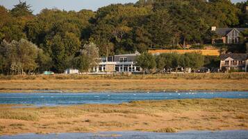 Una proprietà sul lago con una grande casa, un ristorante chiamato 'La Lagune' e una collina boscosa sullo sfondo.