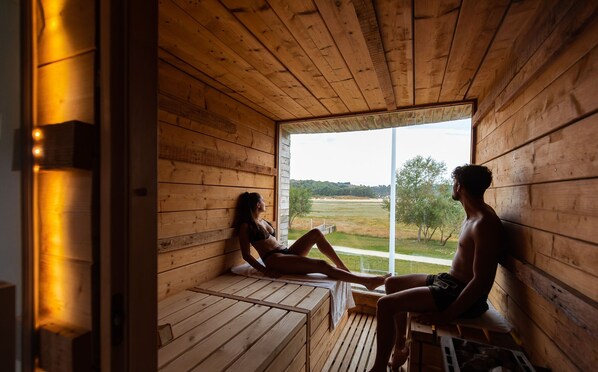 Área de tratamiento exterior, un sauna, una bañera de hidromasaje