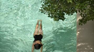 Outdoor pool, pool umbrellas, pool loungers