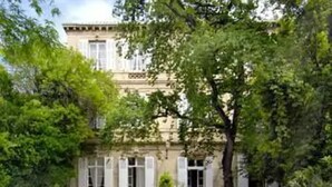 A pool area with a building in the background, surrounded by trees and greenery. - L'Hôtel Particulier (Arles)