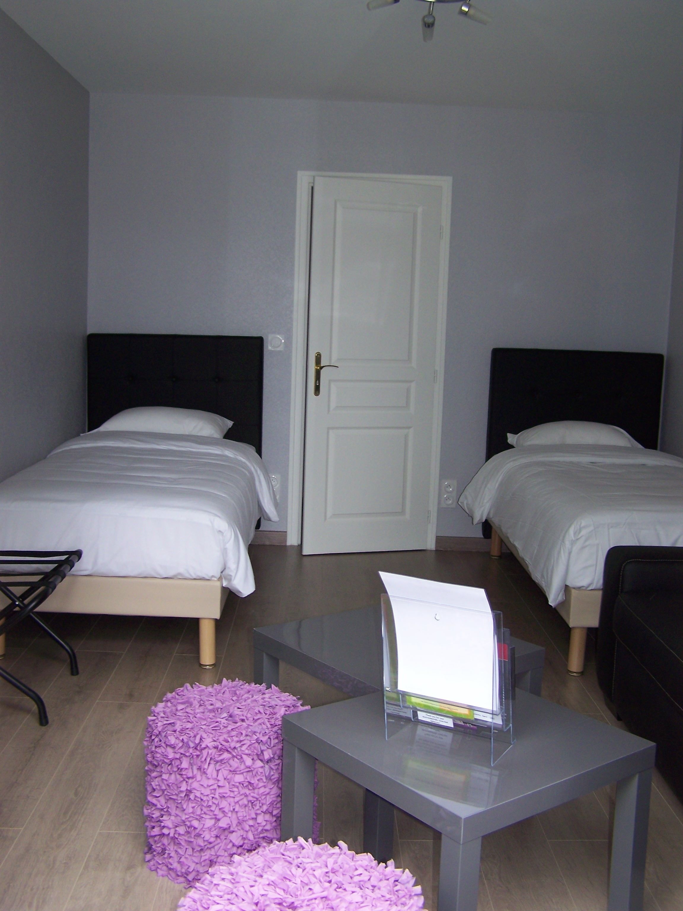 A room with two beds, a door, a small table with a magazine, and a purple cushion.