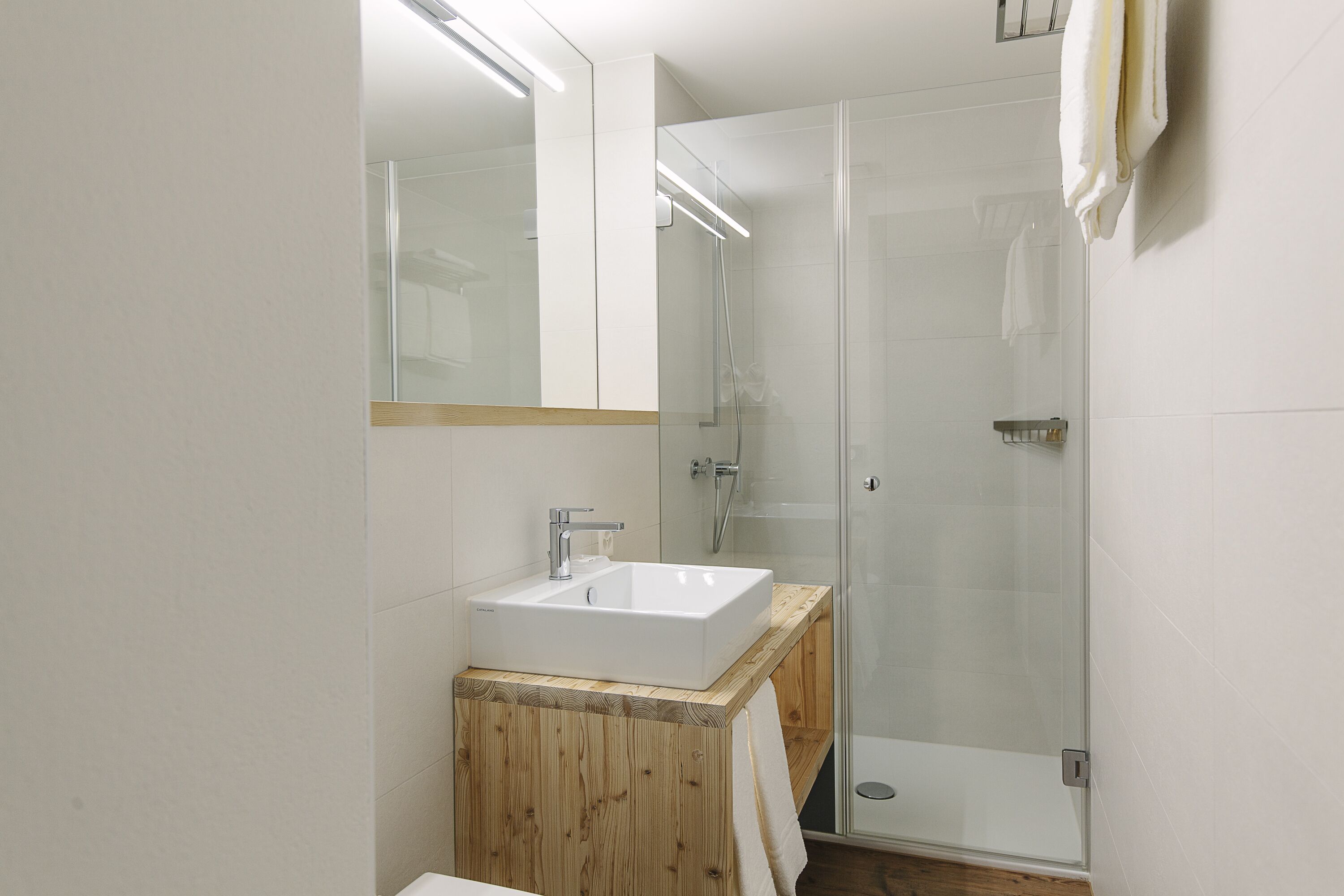 A modern bathroom with a glass shower enclosure, a wooden vanity, and a large mirror.