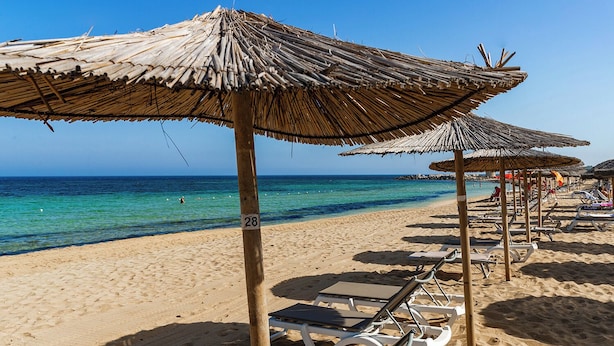 Une plage avec des parasols en chaume et des chaises longues.