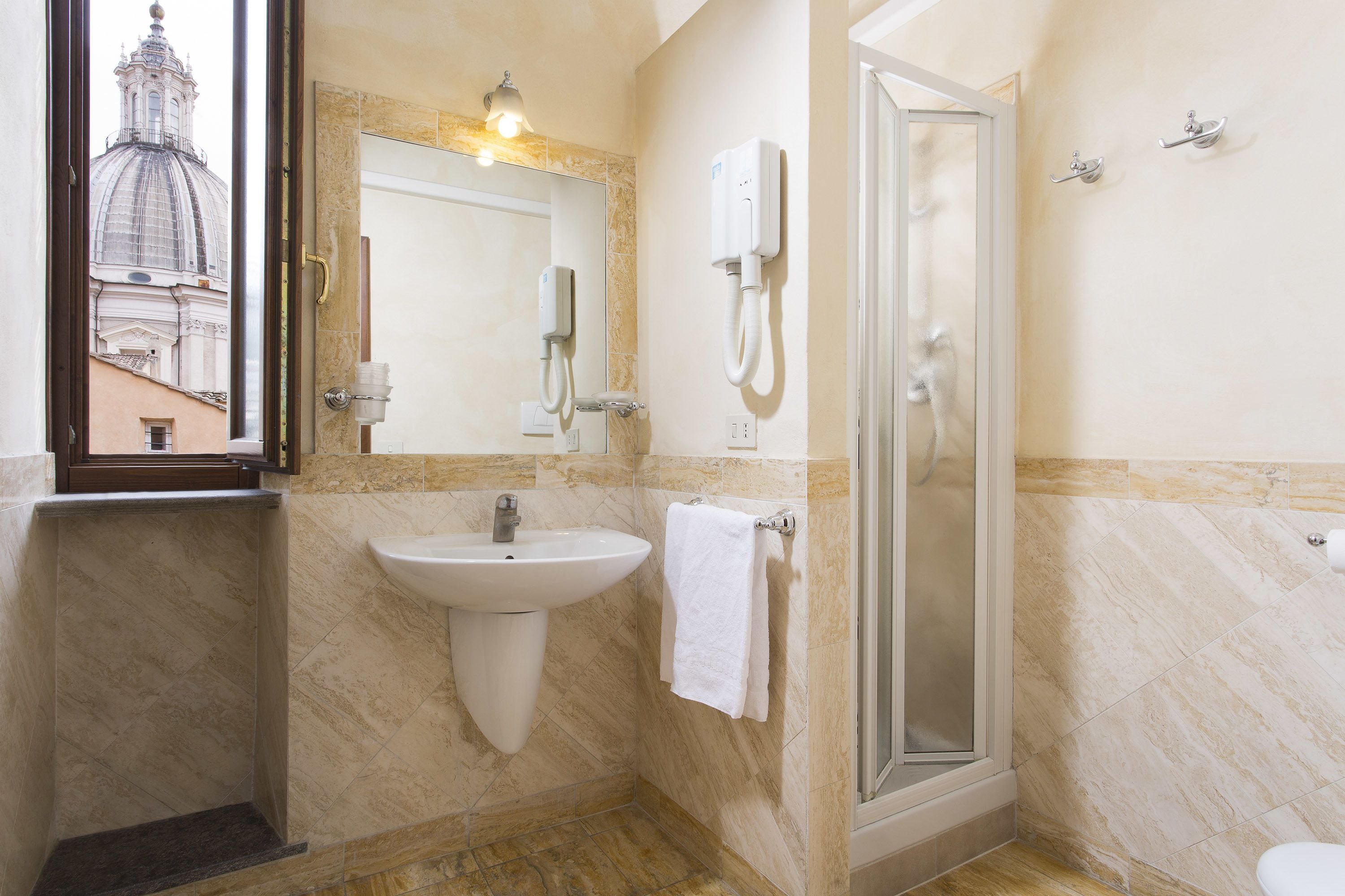 superior double room | bathroom | shower, hair dryer, bidet, towels