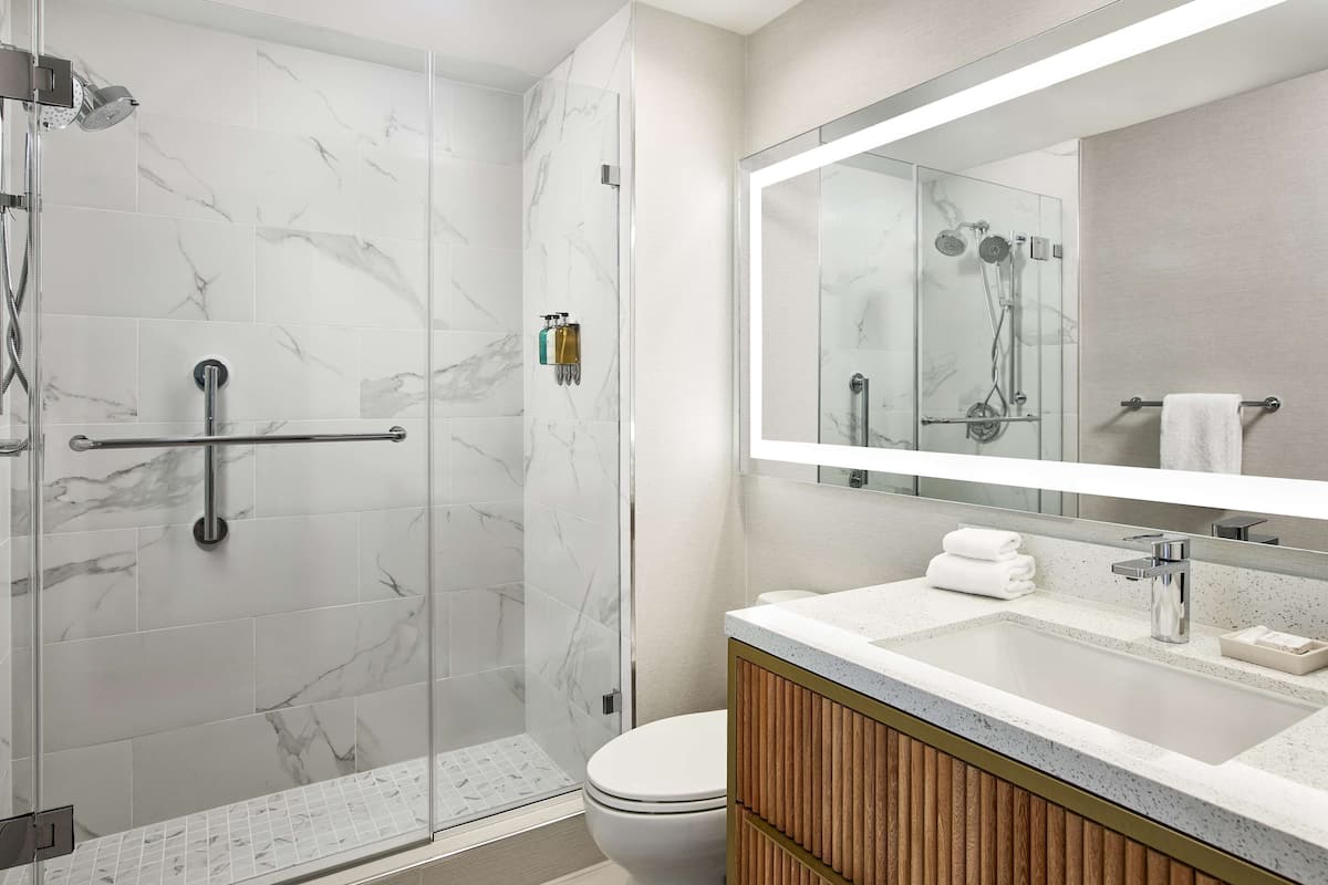 combined shower/bathtub, designer toiletries, hair dryer, towels