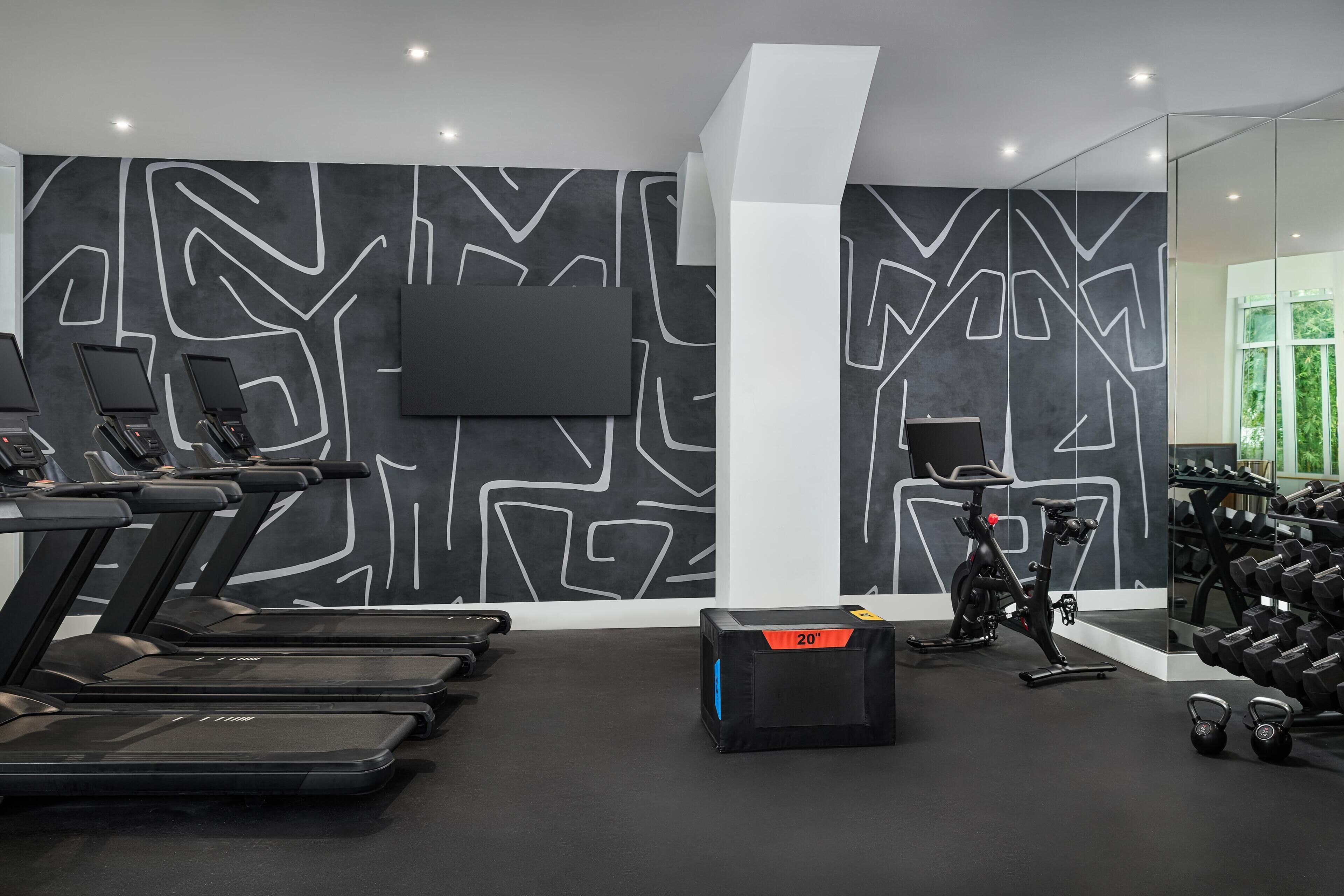 A gym with treadmills, a stationary bike, and dumbbells.