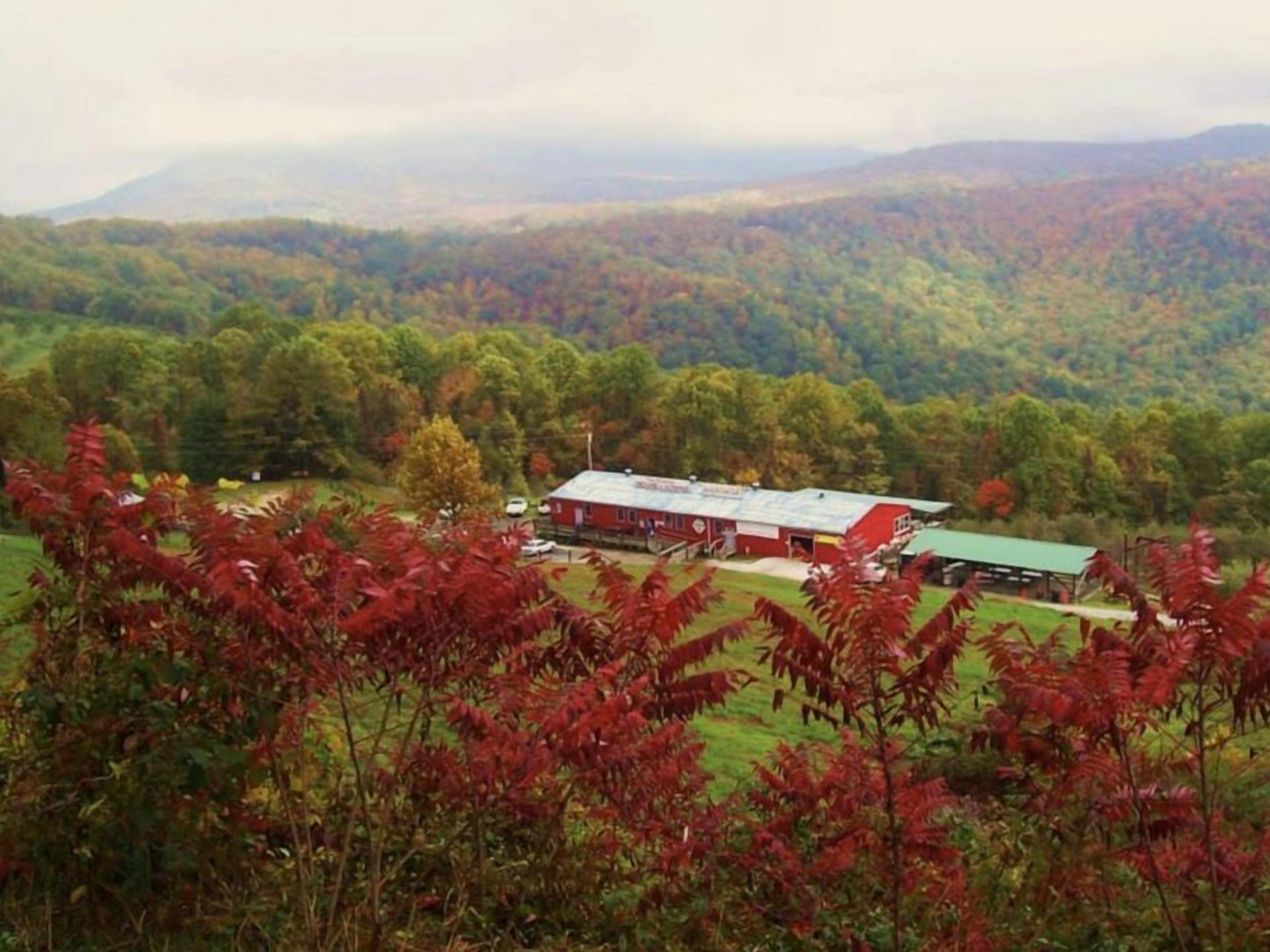 A red building with a green roof, surrounded by autumn foliage and hills in the background.