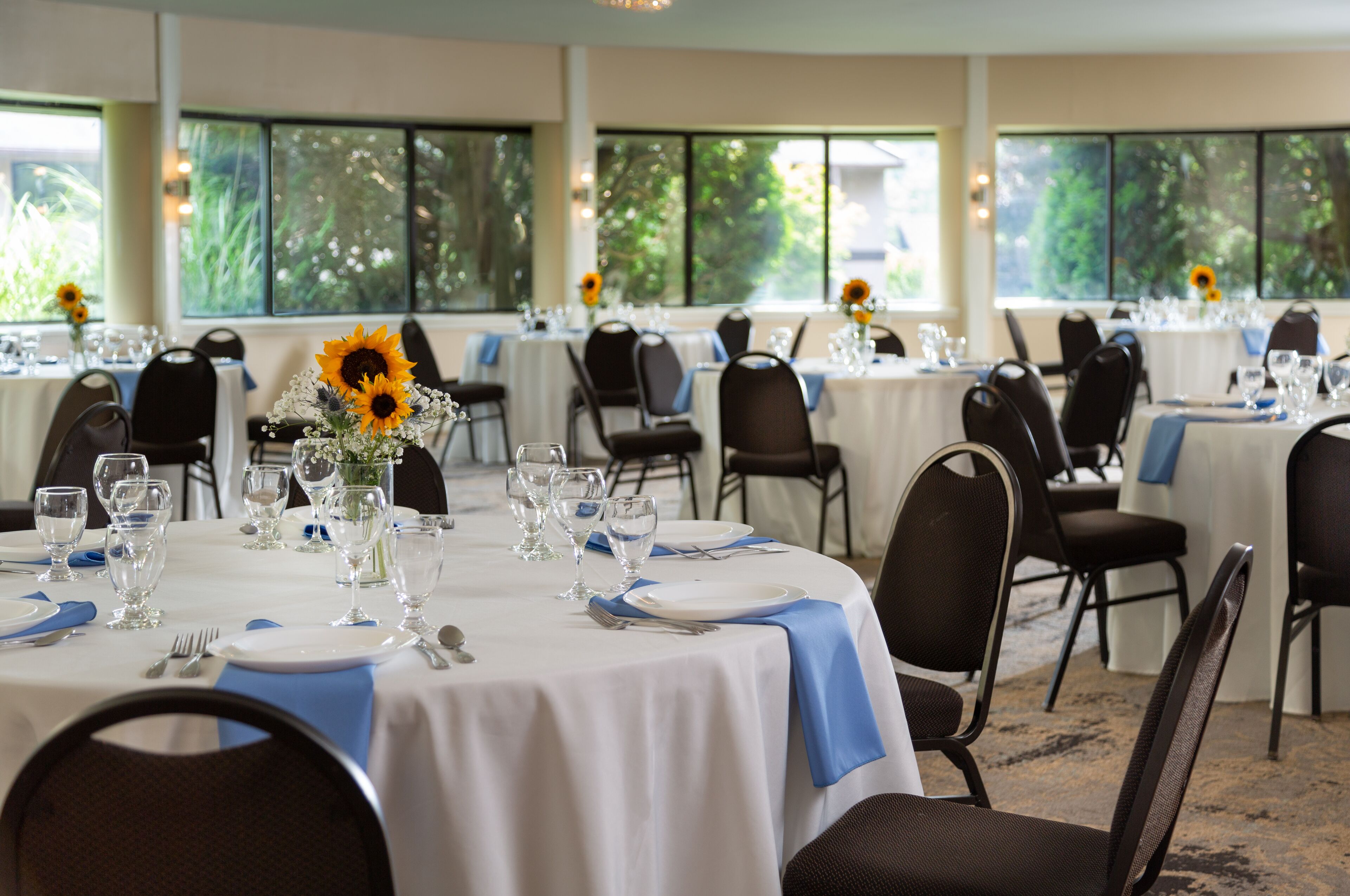 A banquet hall with tables set for dining, featuring sunflowers and clear glassware.