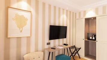A modern room with a striped wall, a mounted TV, a desk with a chair, and a wardrobe with a mirror.