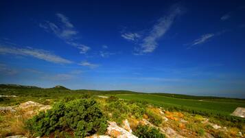 A landscape with a clear sky, green fields, and rocky terrain.