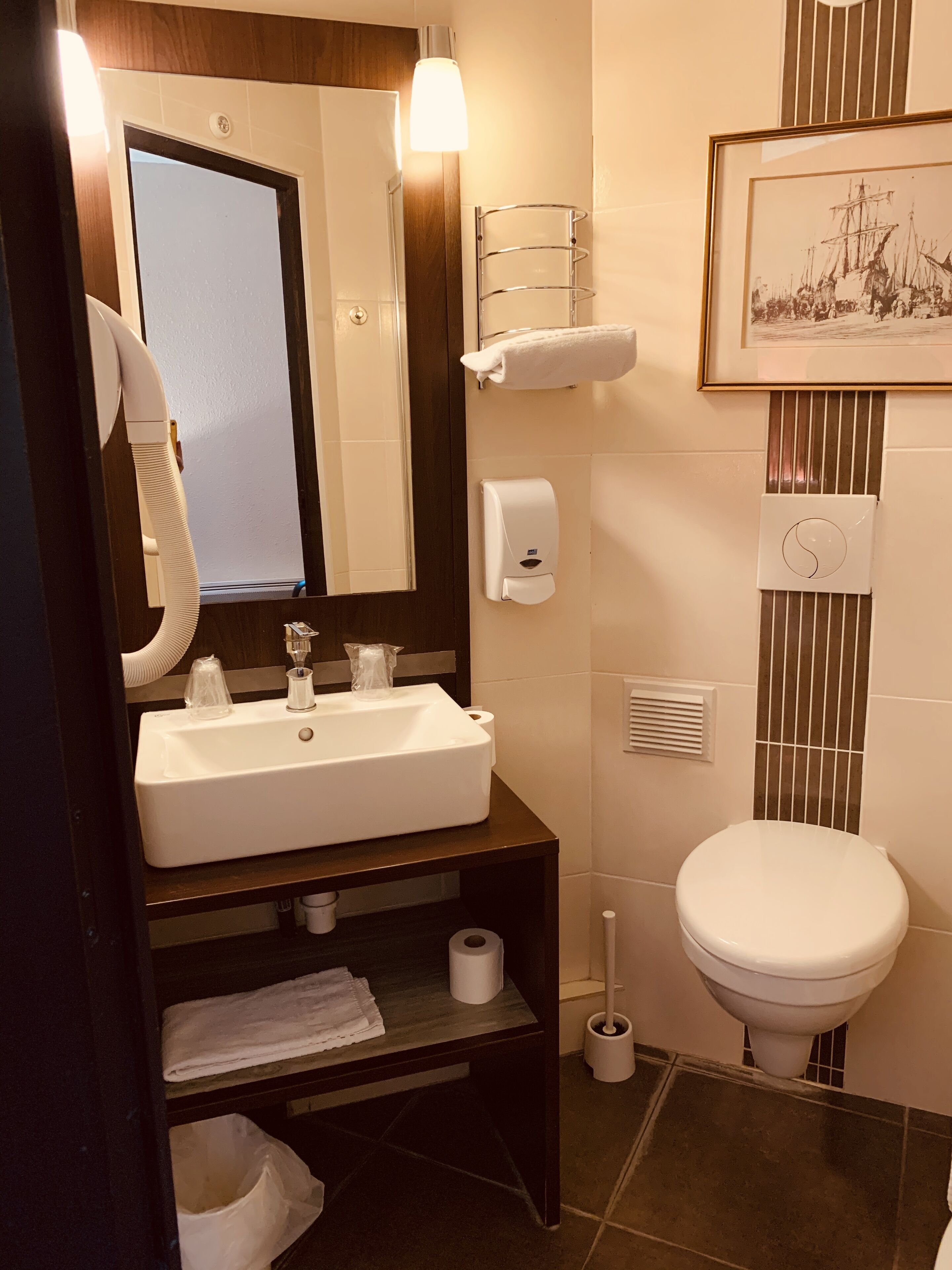 Un baño moderno con lavamanos, espejo, inodoro y perchero.