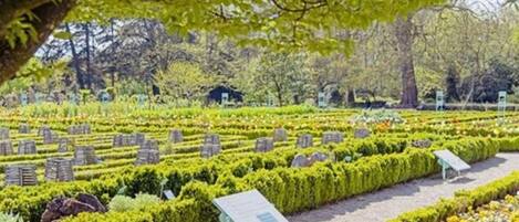 Un cementerio con setos bien cuidados y lápidas, rodeado de árboles y un edificio pequeño al fondo.