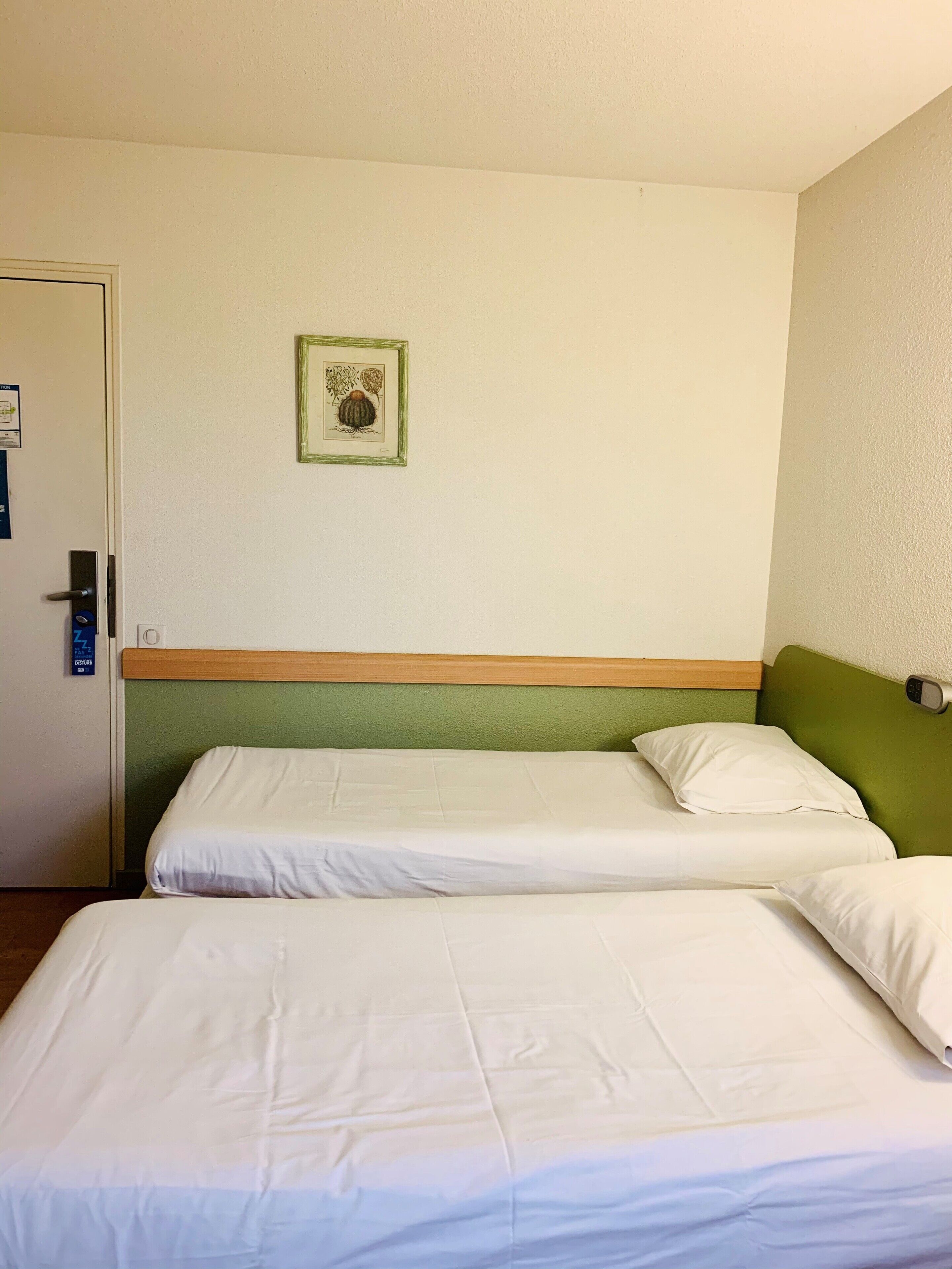 Une chambre d’hôtel avec deux lits simples, une tête de lit verte, un tableau encadré au mur et une porte avec une serrure.