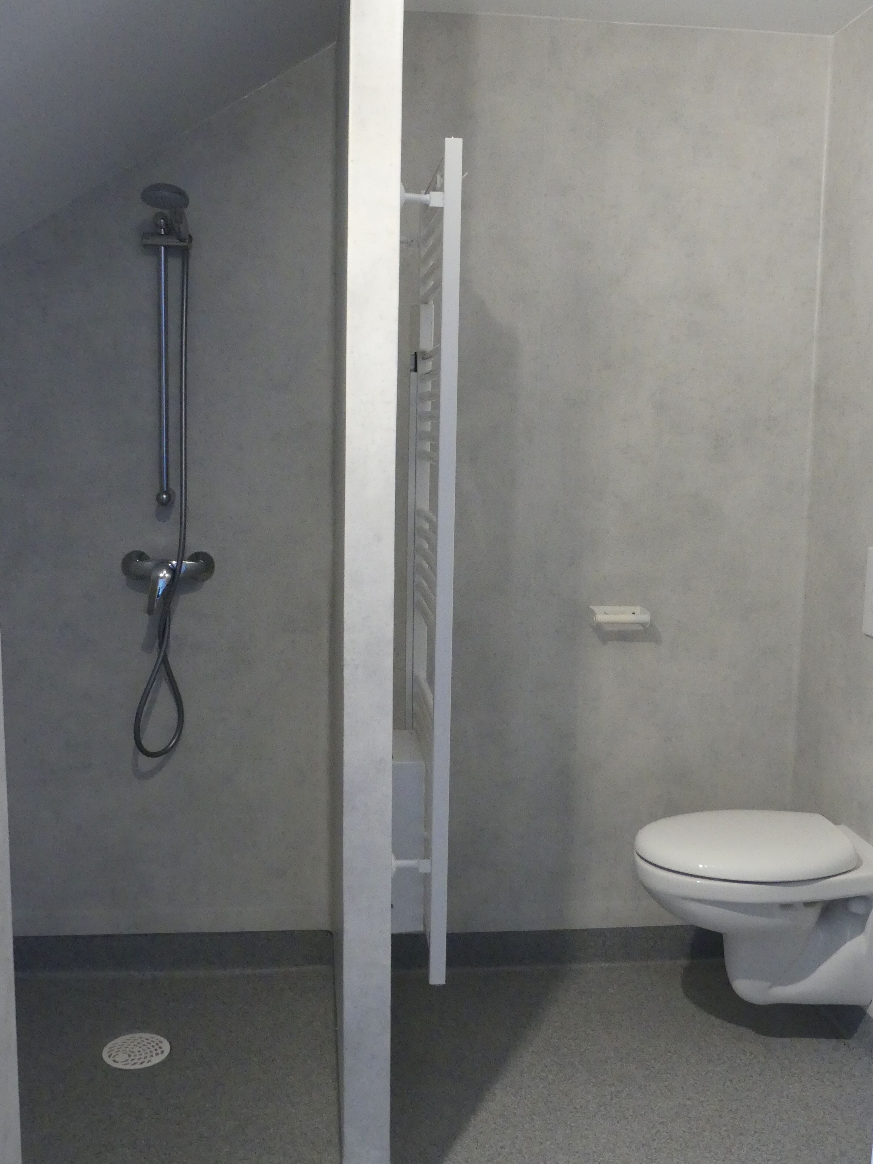 A bathroom with a shower, toilet, and a towel rack.