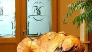 Una gran escultura de roca con textura en un vestíbulo.