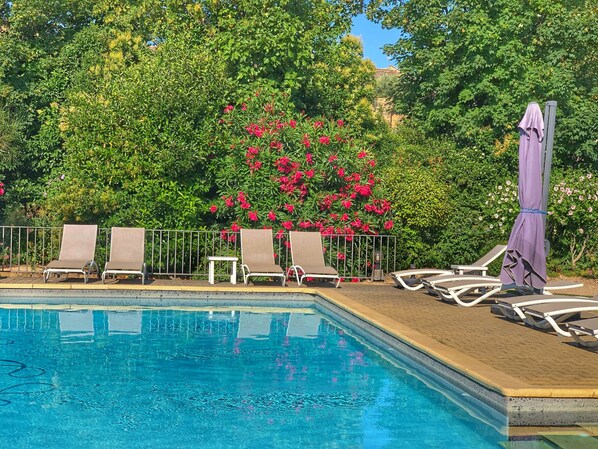 Seasonal outdoor pool, open 9:30 AM to 8:30 PM, pool umbrellas