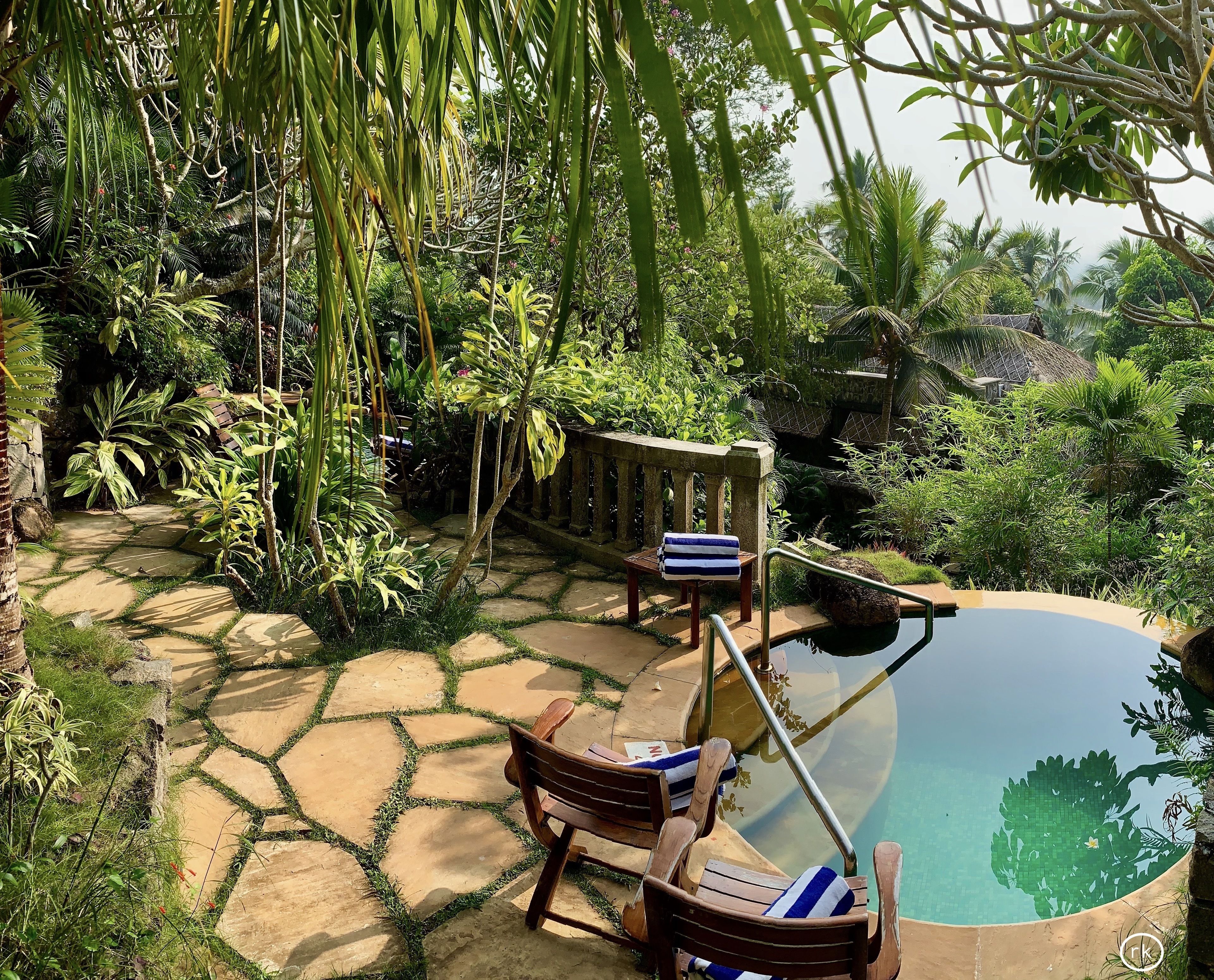 Zona de piscina con senderos de piedra, sillas de madera y abundante vegetación.