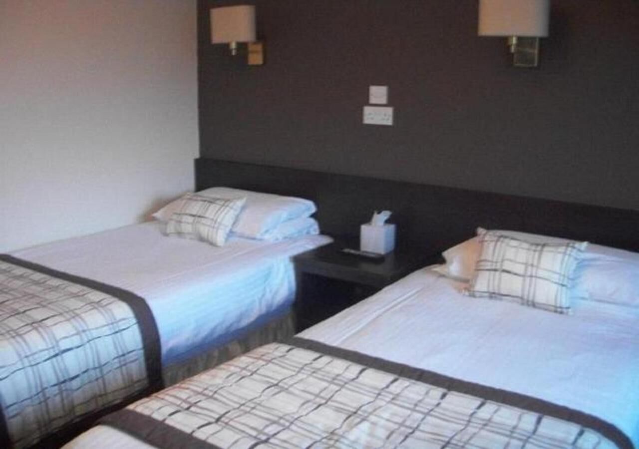 A hotel room with two single beds, each with a matching headboard and pillow. There is a nightstand between the beds with a lamp and a tissue box.