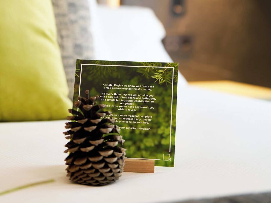 Une pièce bien rangée, avec un lit, des oreillers, une pomme de pin et une carte avec du texte.