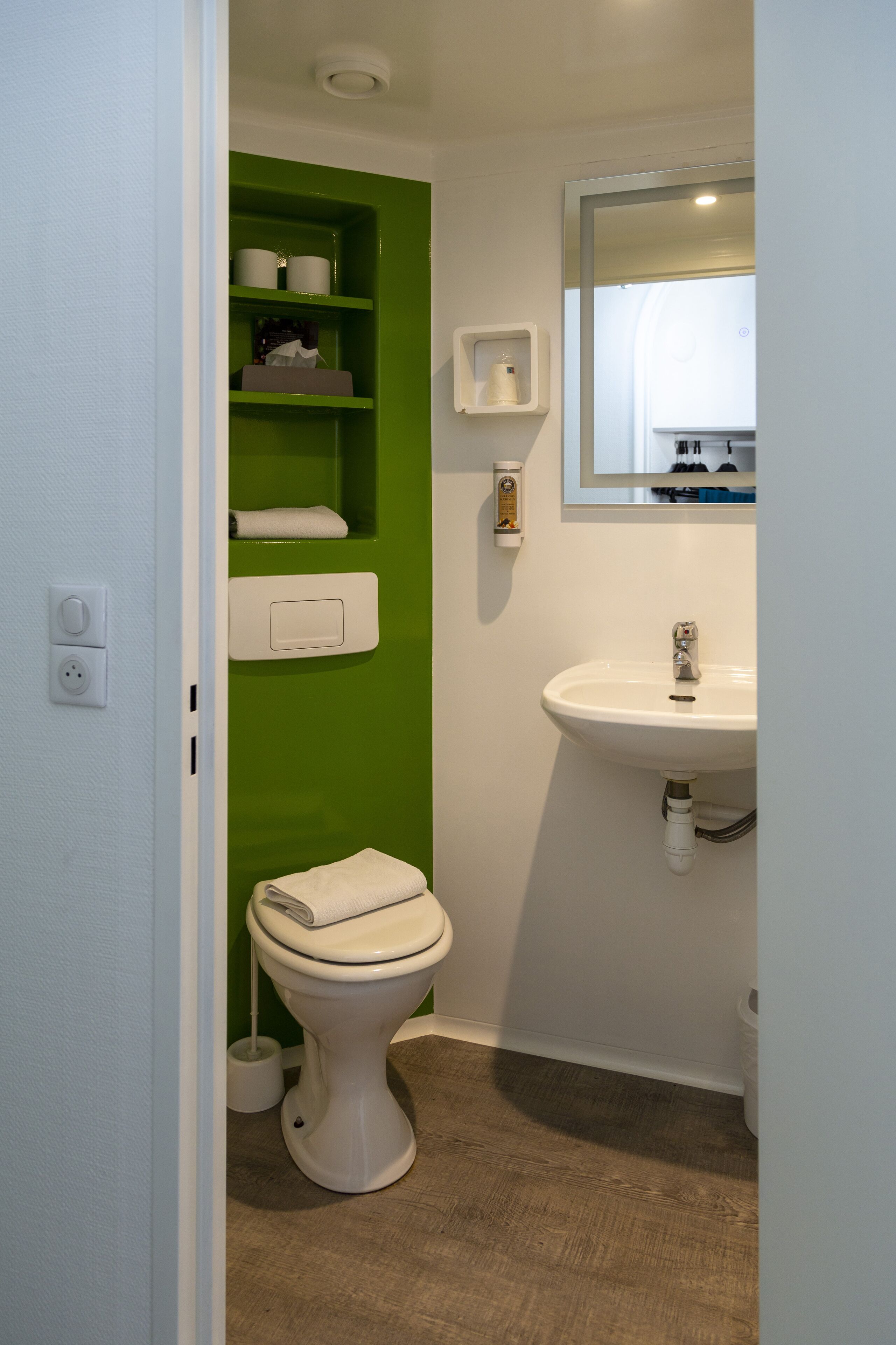 A bathroom with a white sink, green shelves, a toilet, and a mirror.