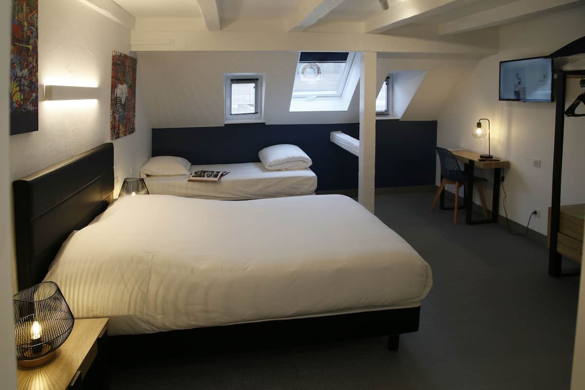 A bedroom with a large bed, a desk, and a chair. There are skylights and a TV on the wall.