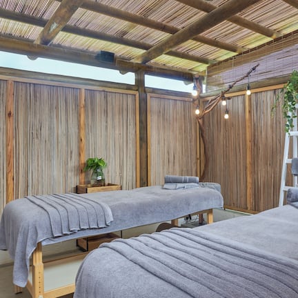A room with two beds, wooden walls, a ceiling with a wooden beam structure, and a ladder against the wall.