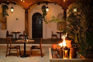 Un espace extérieur aménagé pour les repas, avec une table et des chaises, un foyer et des plantes en pot.