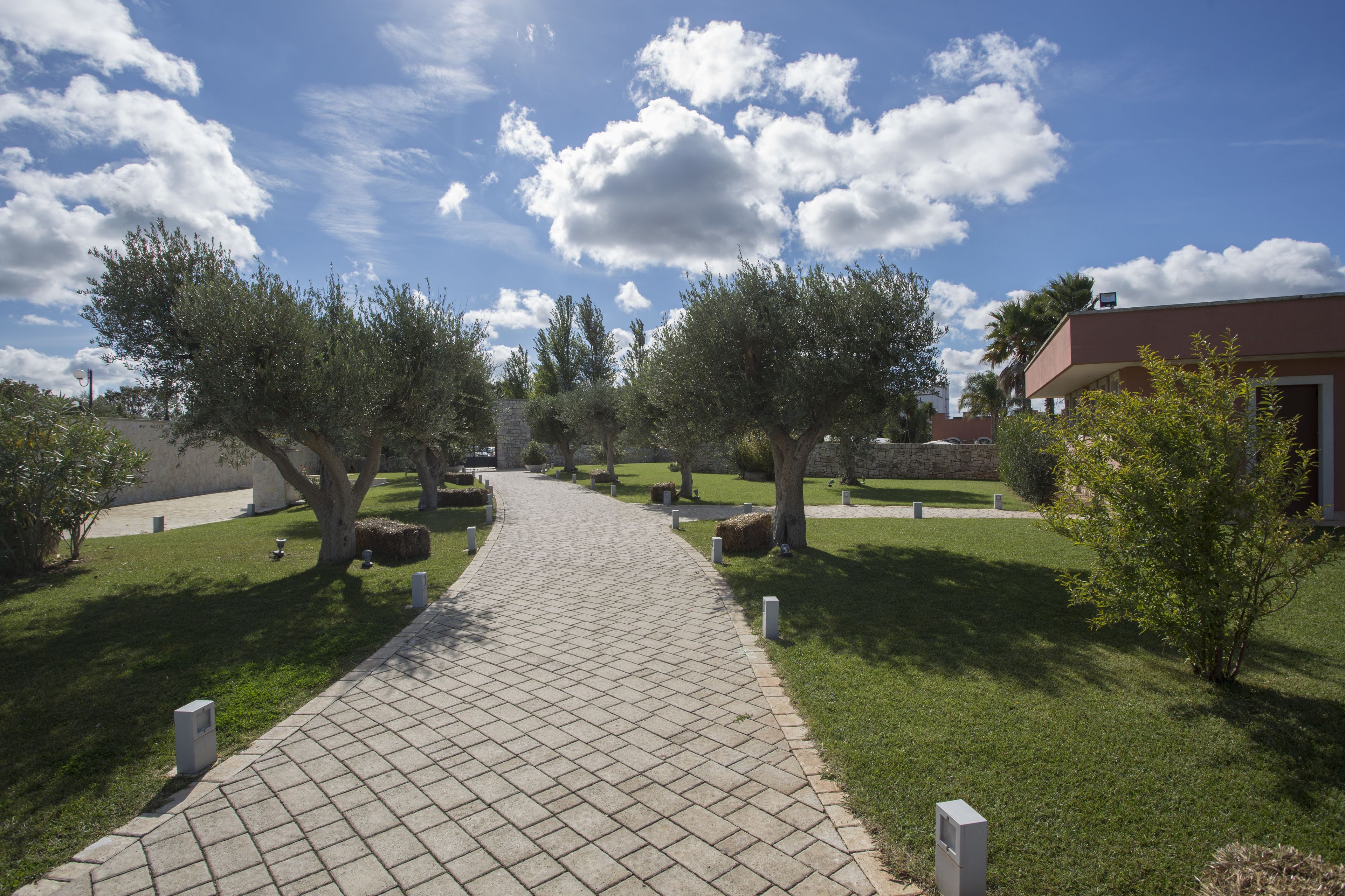 A paved pathway in a landscaped area with trees and a building in the background.