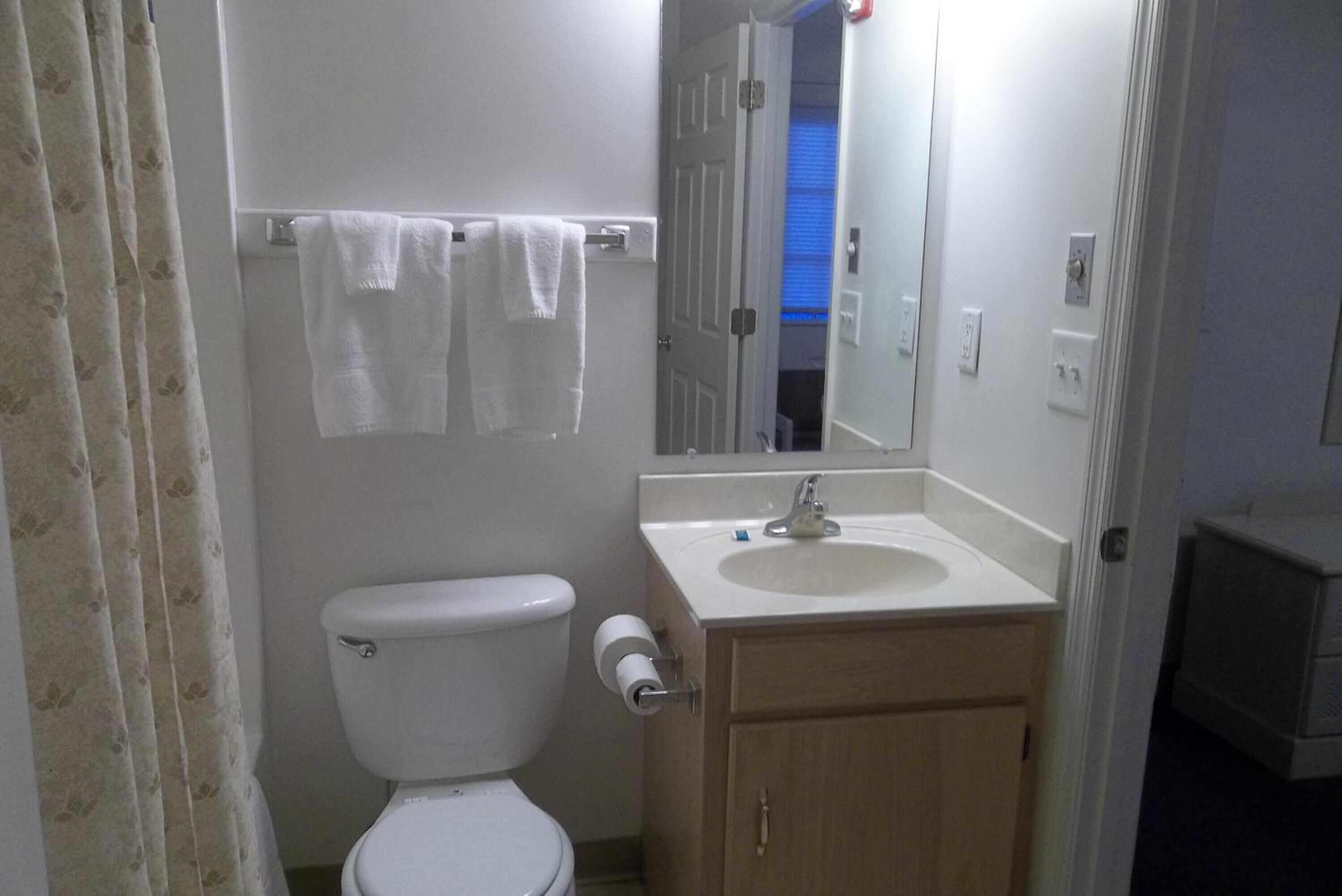 A small bathroom with a toilet, a sink, and a mirror.