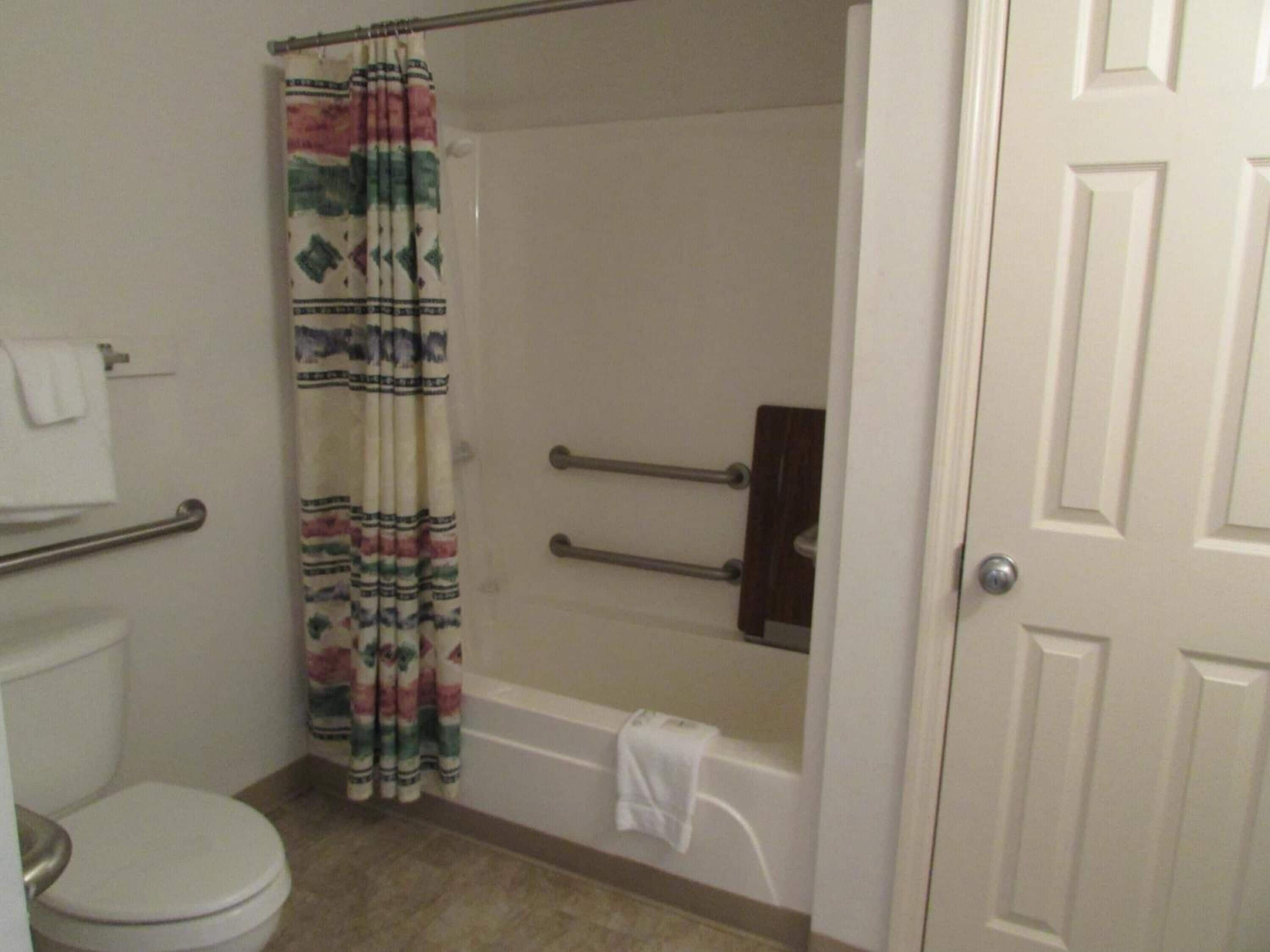 A bathroom with a toilet, a shower with a colorful curtain, a bathtub, and a door.