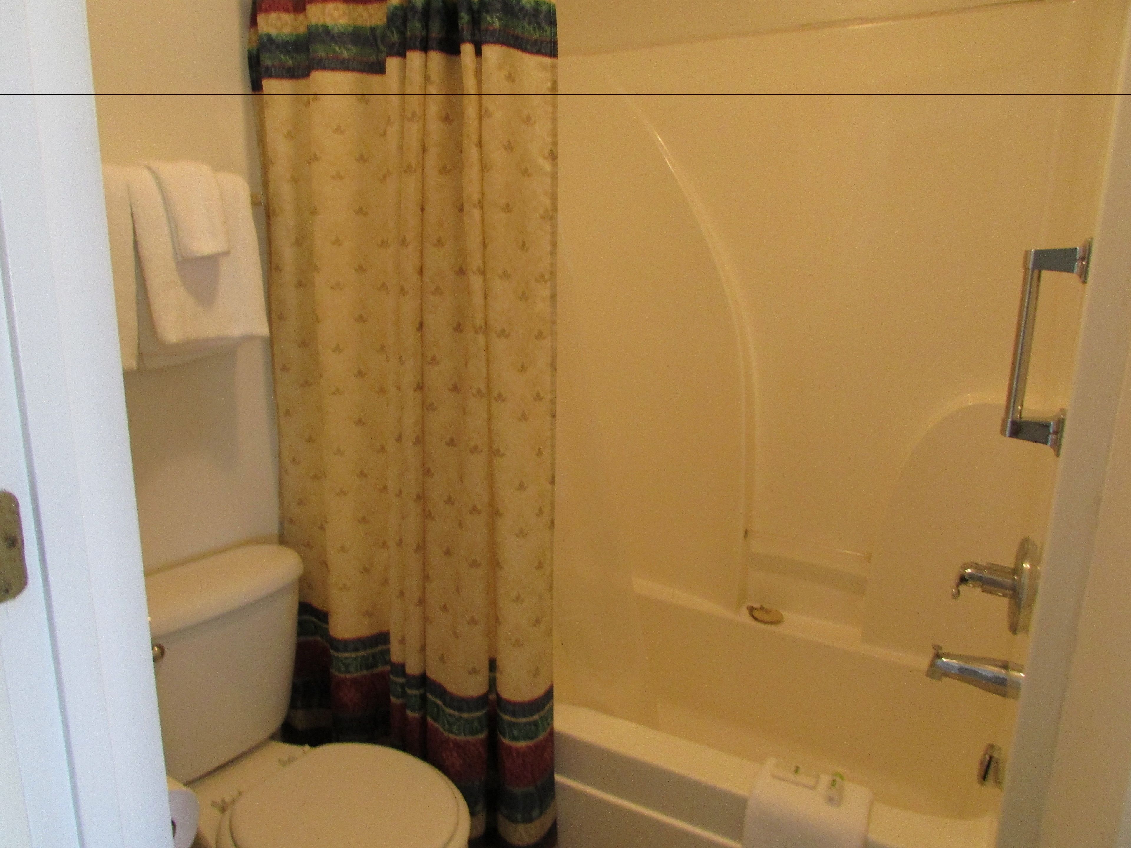 A bathroom with a toilet, a shower, and a bathtub.