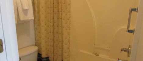 A bathroom with a toilet, a shower, and a bathtub.