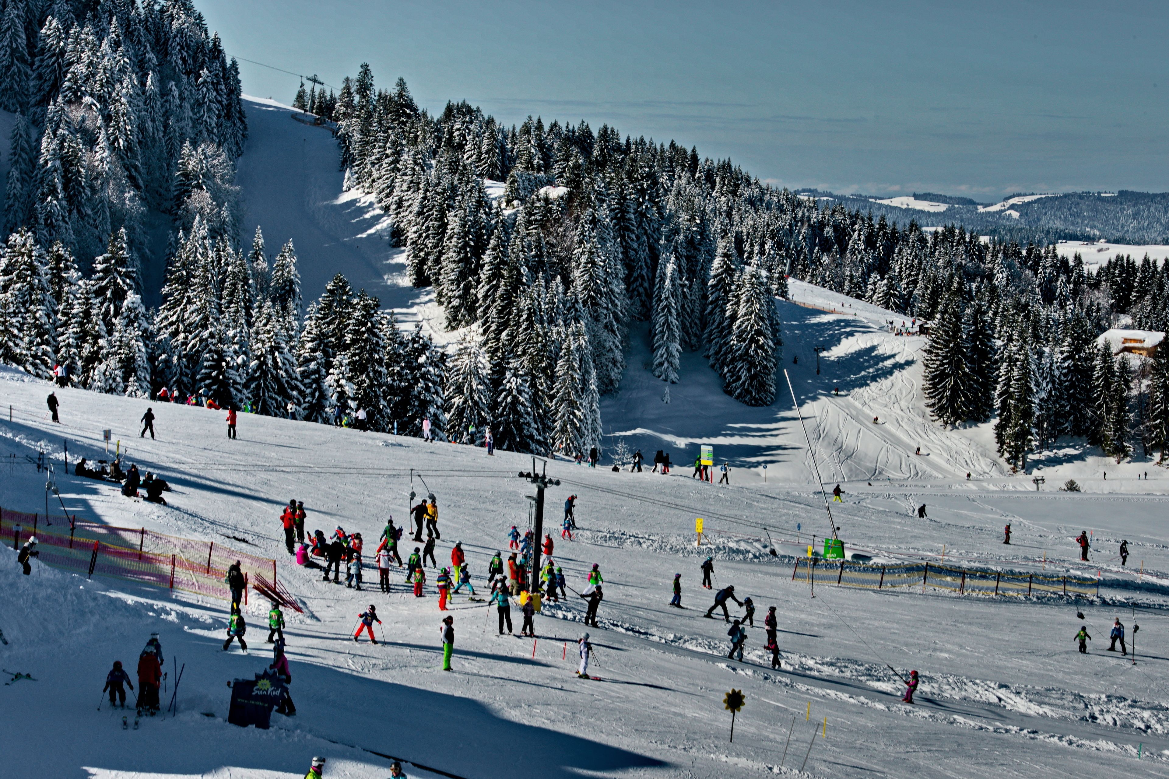 A ski resort with a wide ski slope, ski lifts, and a forested backdrop.