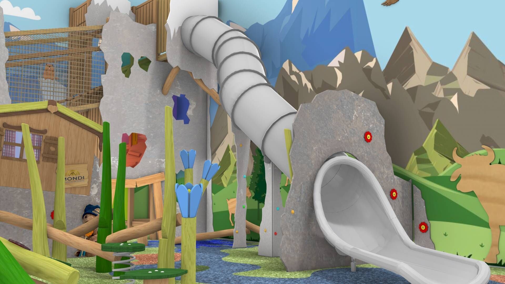 A playground with a slide, climbing structures, and a wooden house.