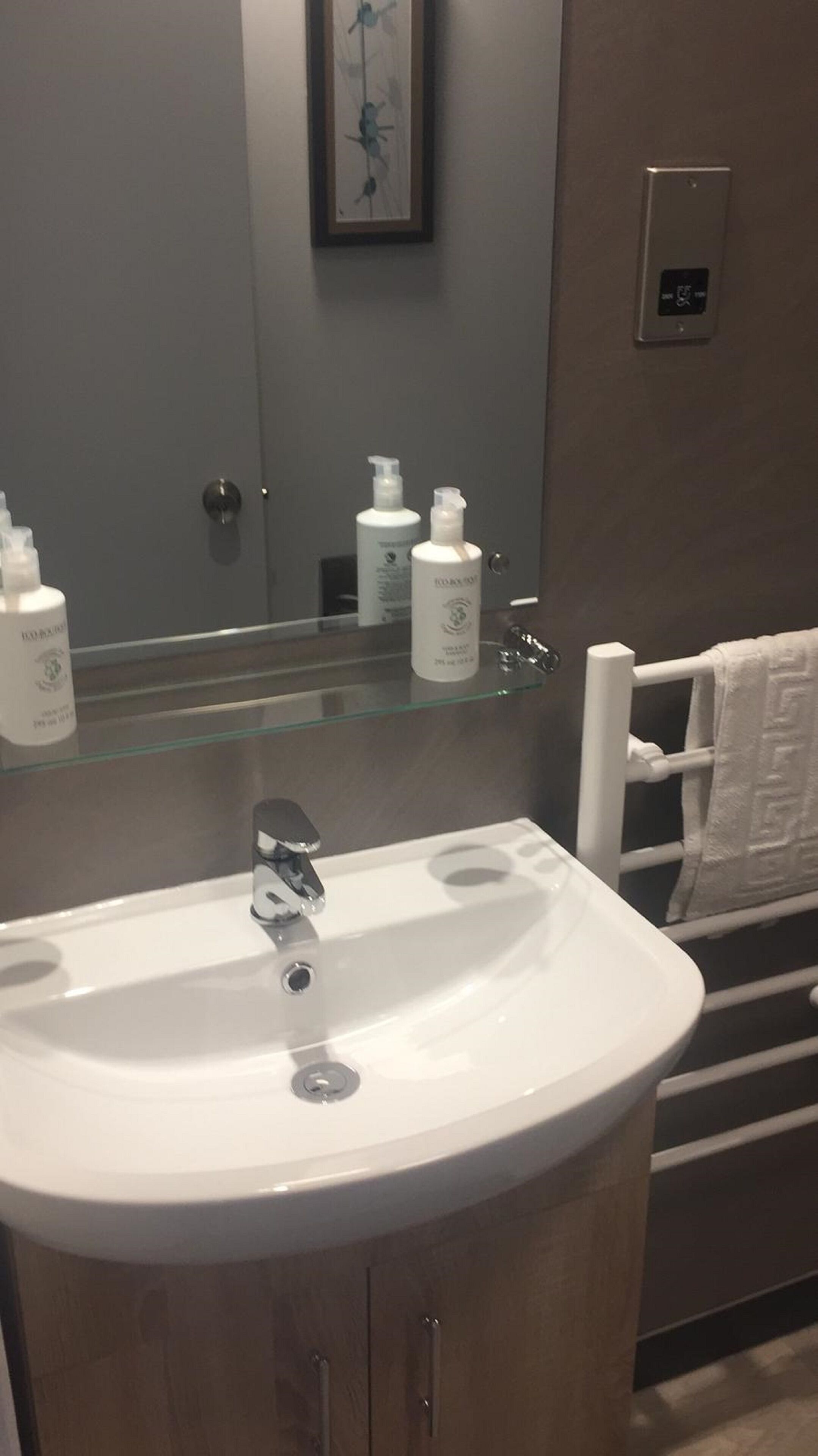 Un baño con un lavamanos blanco, una repisa de vidrio con artículos de aseo, un perchero para toallas y una obra de arte enmarcada en la pared.