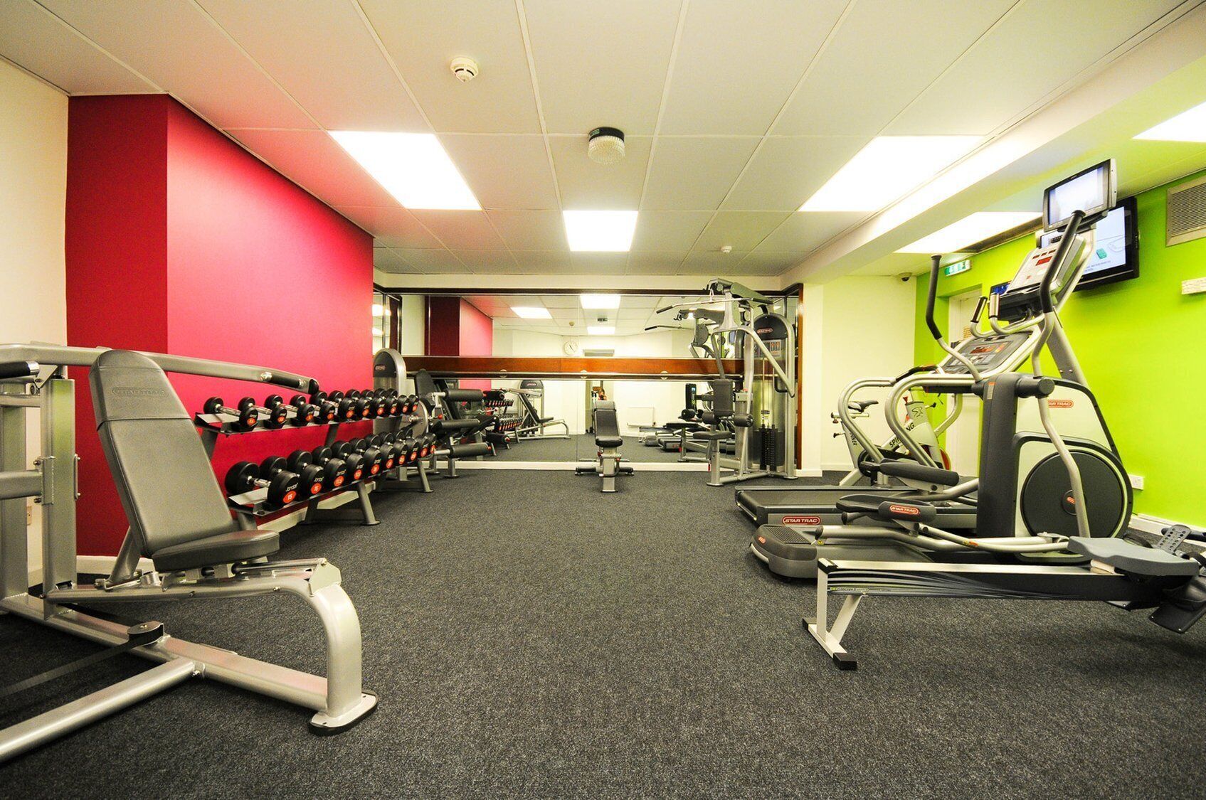 A gym with various exercise equipment, including dumbbells, a bench, and cardio machines.
