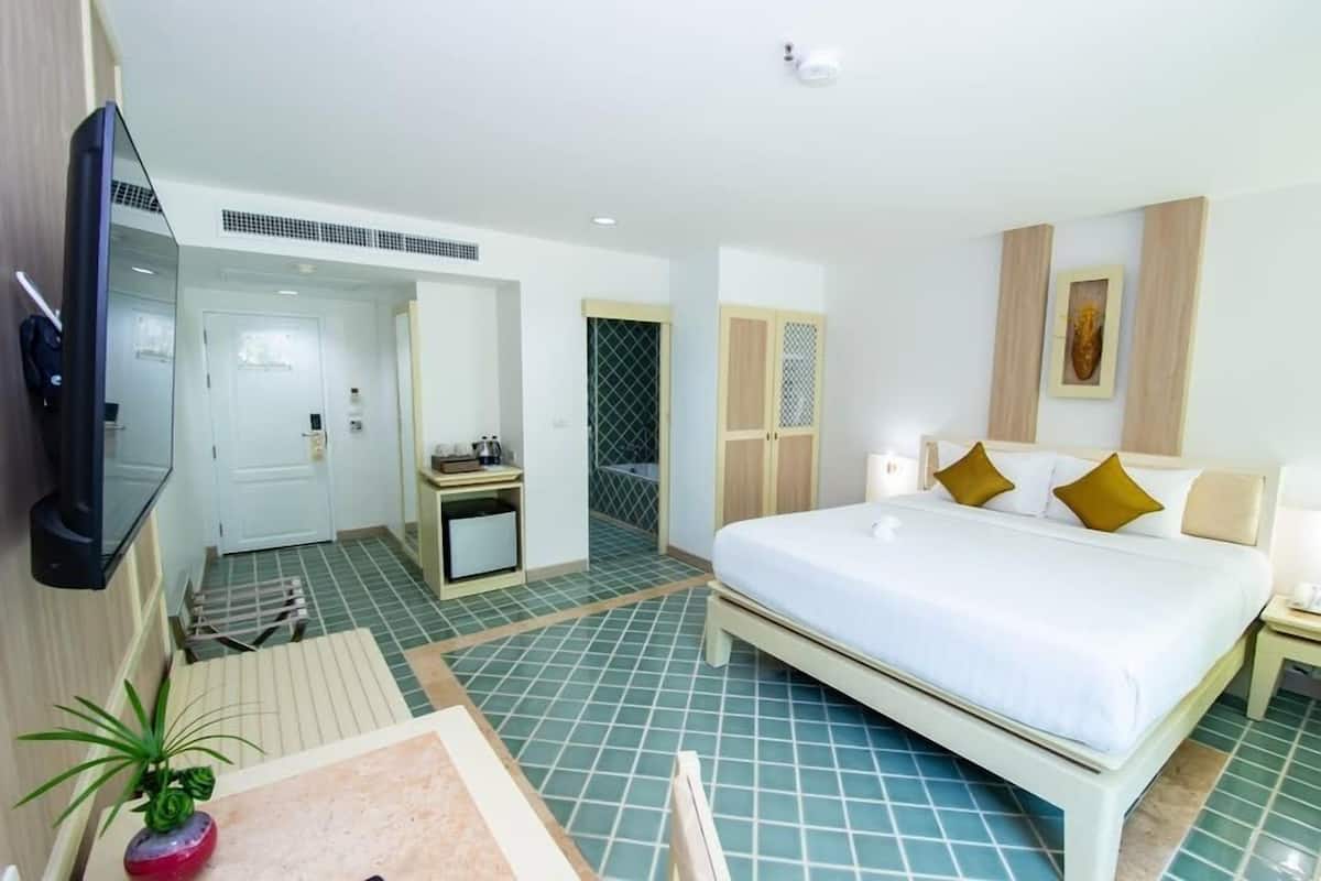 A hotel room with a bed, a TV, a bathroom, and a small table with a plant.