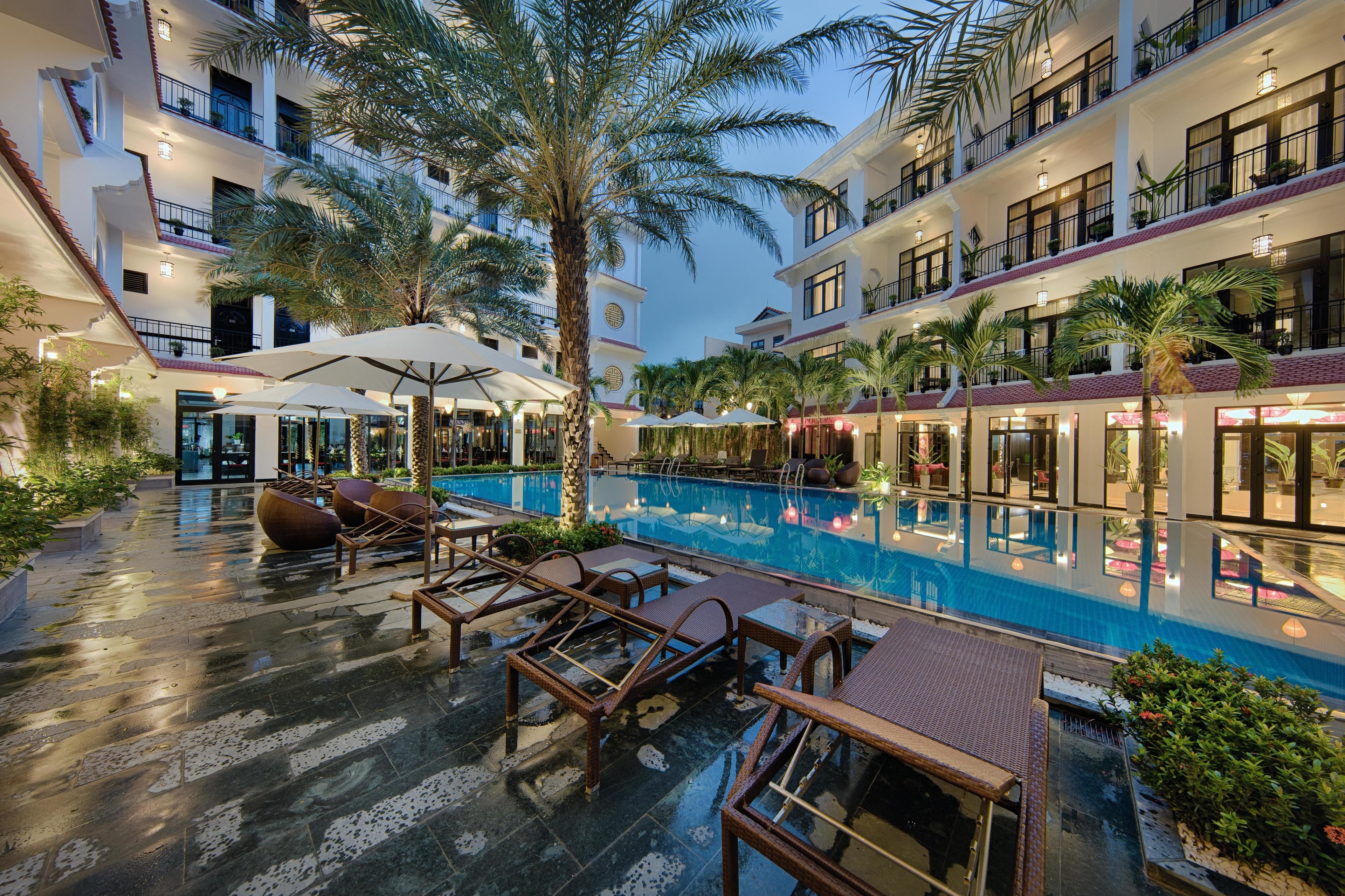 Outdoor pool, pool umbrellas, pool loungers