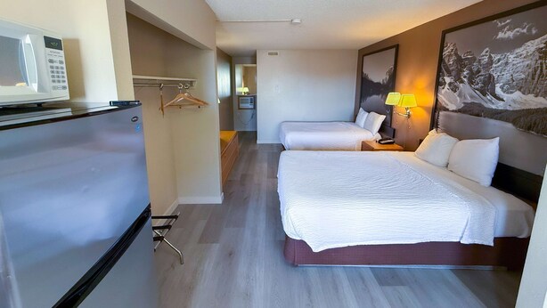 Une chambre d’hôtel avec un lit, un bureau, un four à micro-ondes et un tableau au mur.
